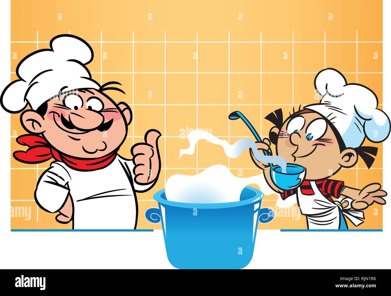 Il vettore illustrazione mostra un maschio di chef e studente che insegna a cucinare. Illustrazione Vettoriale