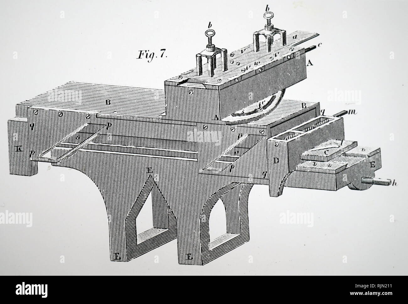 Illustrazione che mostra Henry Maudslay slitta del resto, per il fissaggio ad un tornio. Londra, 1833 Foto Stock
