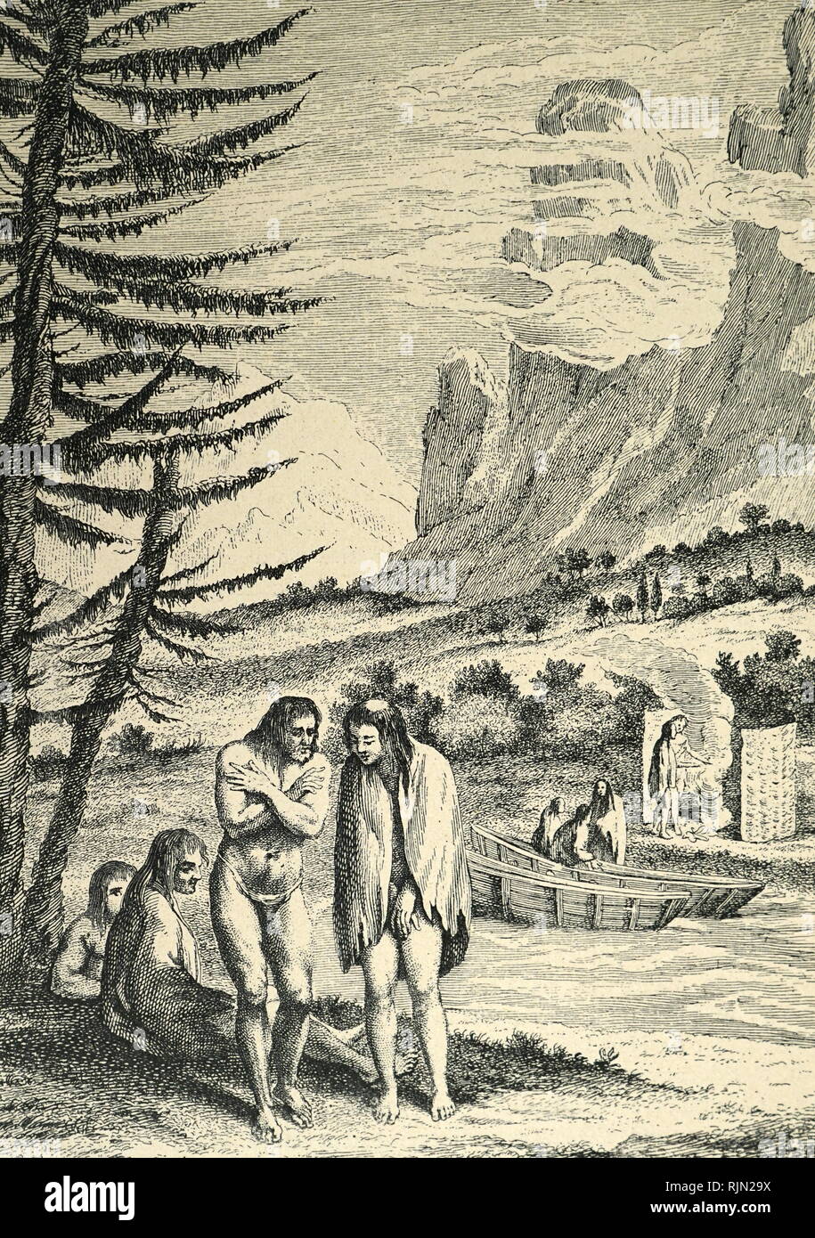 Illustrazione che mostra nativi della Patagonia incontrati da Magellan, durante il primo viaggio di circumnavigazione (1513-22). incisione pubblicato Lipsia 1754 Foto Stock