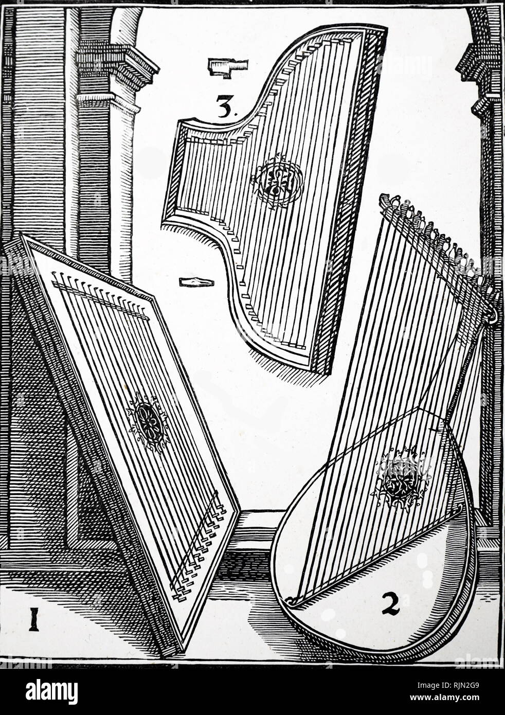 Illustrazione che mostra gli strumenti a corda del XV e XVI secolo; l'Europa. Foto Stock