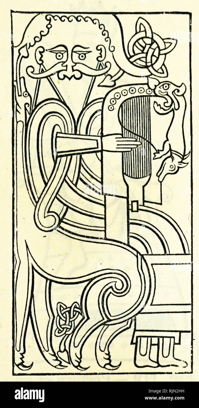 Illustrazione che mostra il re Davide, suonando l'arpa. Irish VIII secolo manoscritto Foto Stock