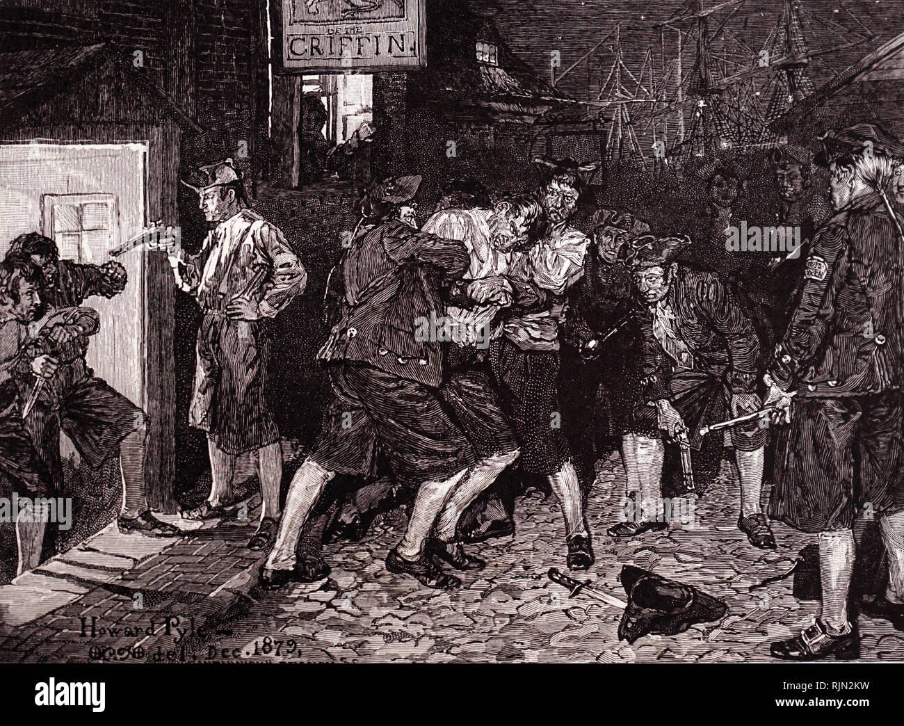 Illustrazione che mostra una pressa pista al lavoro circa - XVIII secolo. Impressment, colloquialmente la pressa o premere la pista, è la assunzione di uomini in un militare o forza navale da costrizione, con o senza preavviso. Marine di diverse nazioni utilizzato il reclutamento forzato mediante vari mezzi. La grande dimensione della British Royal Navy in età di vela significava impressment era più comunemente associata con la Gran Bretagna. Esso è stato utilizzato dalla Royal Navy in tempo di guerra, inizio nel 1664 e durante il XVIII e XIX secolo Foto Stock