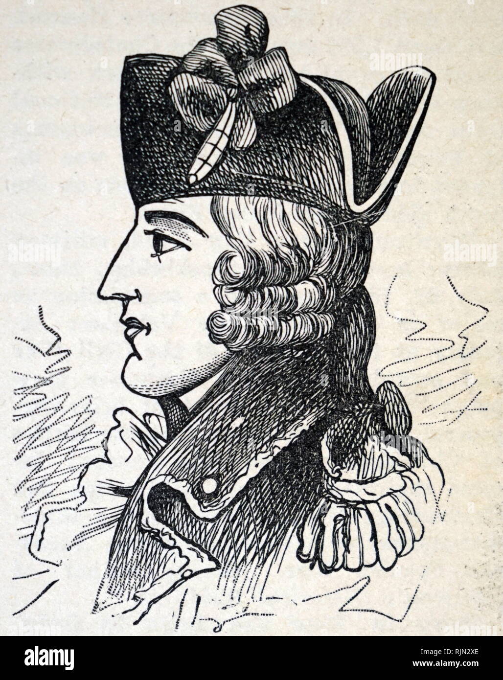 Illustrazione che mostra il Maggiore Generale Edward Braddock (Gennaio 1695 - 13 luglio 1755) era un ufficiale britannico e comandante in capo per il 13 colonie durante le azioni all'inizio della guerra di indiano e francese (1754-1763) che è noto anche in Europa e in Canada come la Guerra dei Sette Anni, (1756-1763). Egli è generalmente migliore ricordato per il suo comando di una disastrosa spedizione contro i francesi-occupato fiume Ohio Valley poi in Virginia occidentale o in Pennsylvania nel 1755, in cui ha perso la sua vita. Foto Stock