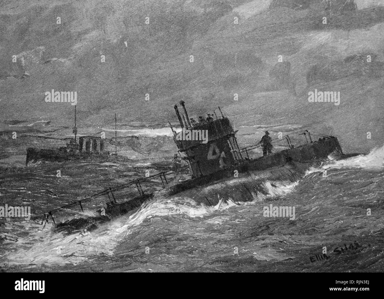 Illustrazione che mostra un Royal Navy e sottomarino di classe 1913 Foto Stock