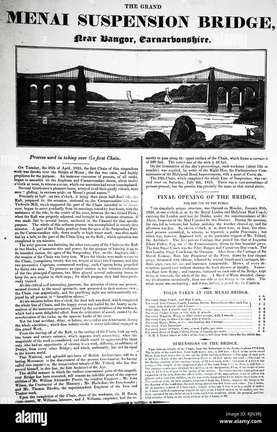 Illustrazione che mostra senza data broadsheet a Telford di sospensione di Menai Bridge. L'originale ponte di legno del ponte fu distrutto durante una tempesta nel 1839 e doveva essere sostituito da uno più pesante. Foto Stock