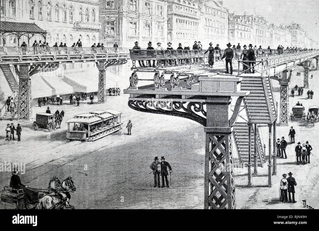 Illustrazione che mostra Silsbee e Schmidt del piano di elevata marciapiedi mobili che hanno proposto per Chicago. 1892 Foto Stock