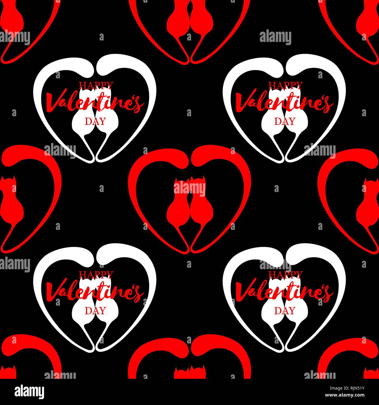 Romantico seamless pattern con cuori e gattini. Lettering felice il giorno di San Valentino Illustrazione Vettoriale