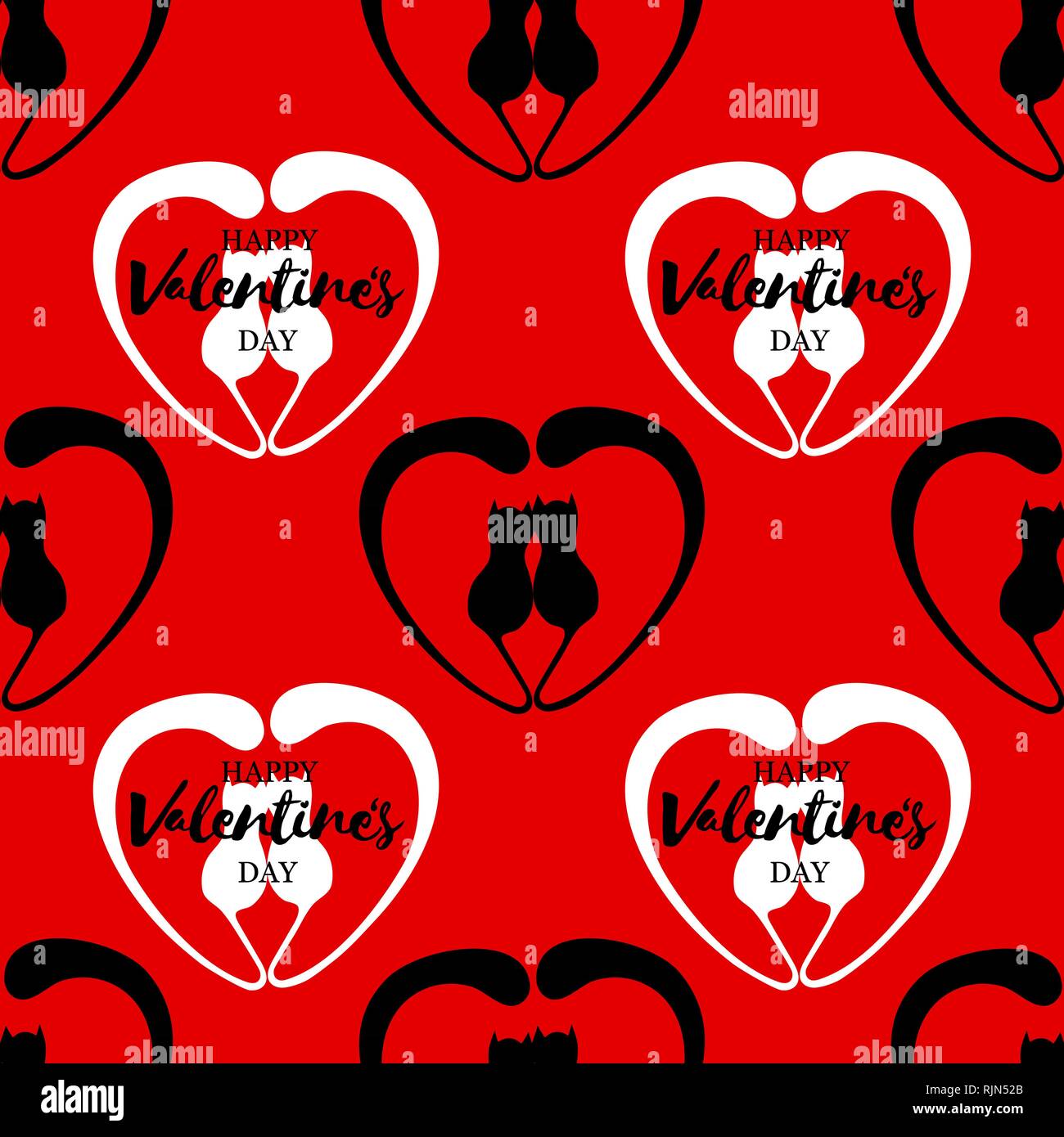 Romantico seamless pattern con cuori e gattini. Lettering felice il giorno di San Valentino Illustrazione Vettoriale