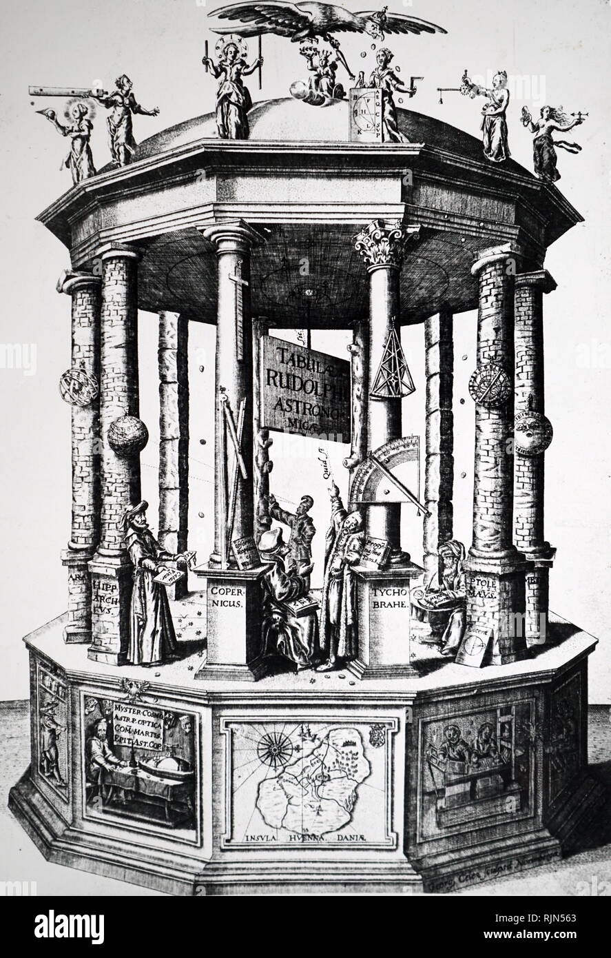 Frontespizio di Johannes Kepler, "Tabulae Rudolphinae', 1627. Le tabelle Rudolphine (latino: Tabulae Rudolphinae) consistono di un catalogo stellare e tabelle planetario pubblicato da Johannes Kepler nel 1627, utilizzando alcuni dati osservativi raccolti da Tycho Brahe (1546-1601). Le tabelle sono denominate come Rudolphine in memoria di Rodolfo II, Imperatore del Sacro Romano Impero. Foto Stock