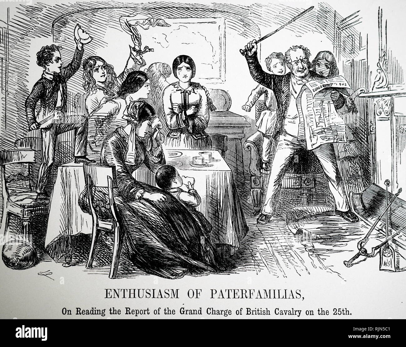 Illustrazione che mostra la reazione a casa di apprendimento di la galanteria di carica della brigata della luce nella battaglia di Balaclava, Guerra di Crimea, 25 ottobre 1854. Esercito Russo sconfitto dagli alleati in questa battaglia. Padre e dei membri più giovani della famiglia felice. La madre e le figlie più vecchi hanno le lacrime al pensiero di eventualmente morti o feriti cari. John Leech cartoon dal punzone,1854 Foto Stock