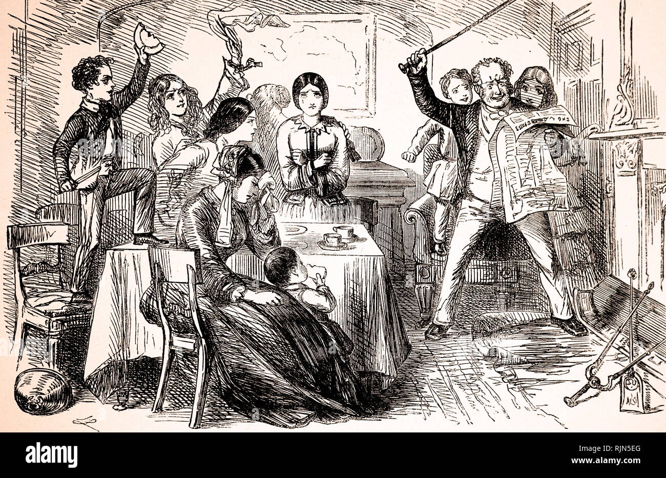 Illustrazione che mostra la reazione a casa di apprendimento di la galanteria di carica della brigata della luce nella battaglia di Balaclava, Guerra di Crimea, 25 ottobre 1854. Esercito Russo sconfitto dagli alleati in questa battaglia. Padre e dei membri più giovani della famiglia felice. La madre e le figlie più vecchi hanno le lacrime al pensiero di eventualmente morti o feriti cari. John Leech cartoon dal punzone,1854 Foto Stock