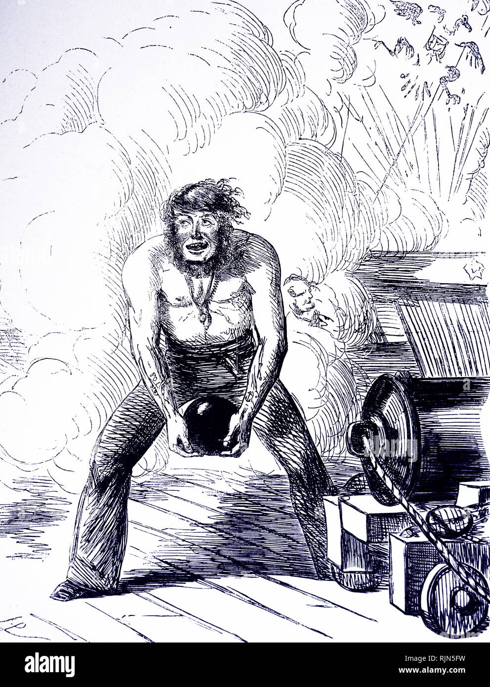 Guerra di Crimea cartoon da John Leech; punzone, 1854, mostrando un abile marinaio britannico flotta del Baltico desiderosi di inviare un round di colpo a russi. In corrispondenza al lato destro della foto la doppia aquila, emblema della Russia, è bruciato a pezzi Foto Stock