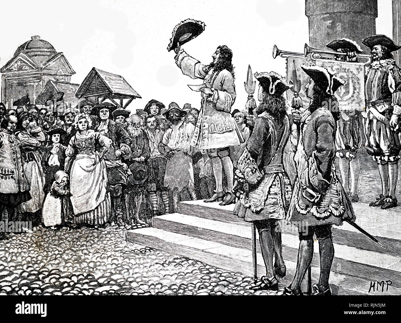 Illustrazione che mostra il pretendente proclamato re dell'Inghilterra per ordine di Luigi XIV. Foto Stock