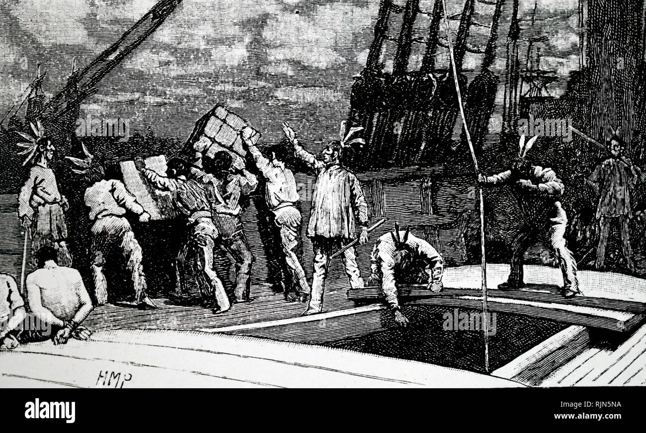 Illustrazione che mostra il Boston Tea Party,16 dicembre 1773. abitanti di Boston gettando il tè in navi in porto in acqua in segno di protesta contro la tassa sul tè. Foto Stock