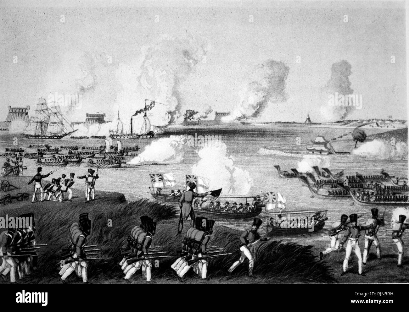 Illustrazione che mostra navale britannica e le forze militari in attacco in Birmania, il 27 marzo 1825. Foto Stock