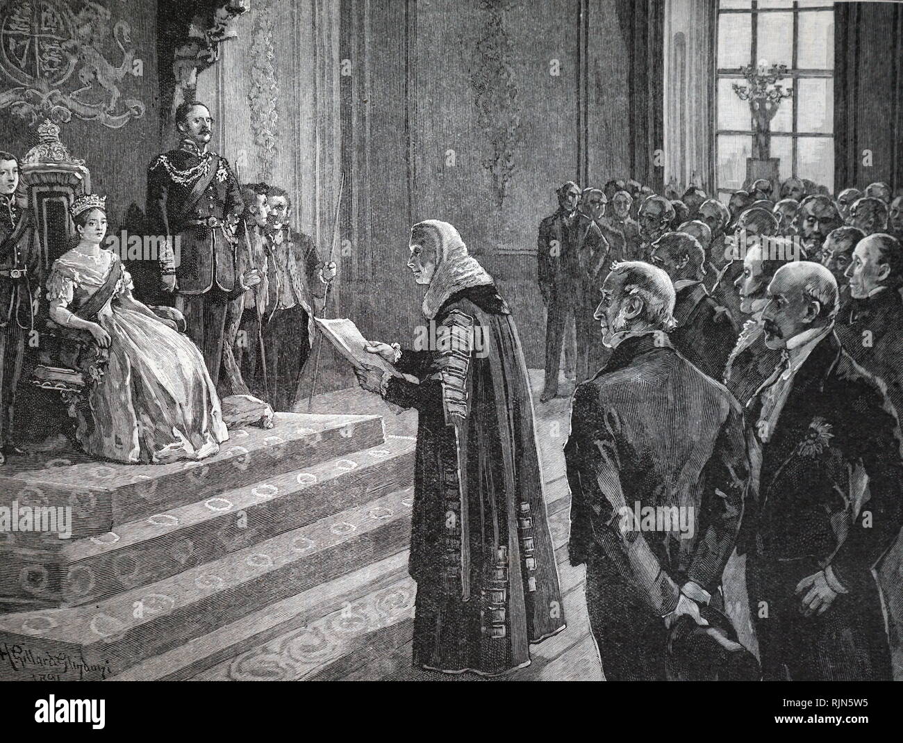 I colleghi e popolani presentando un indirizzo patriottica di Queen Victoria alla vigilia della guerra di Crimea 1853. Incisione su legno Foto Stock