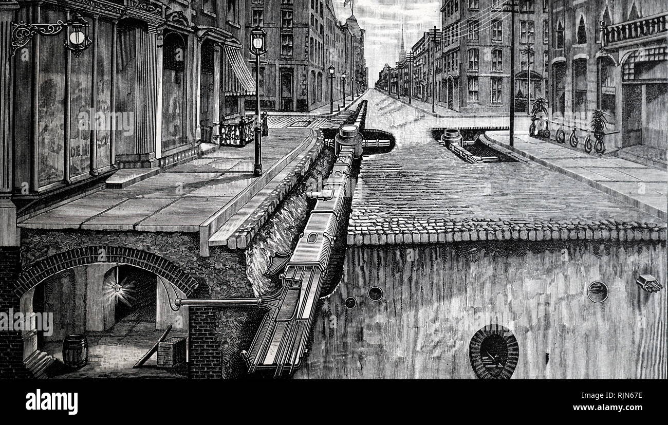 Illustrazione che mostra i cavi di energia elettrica prevista in un condotto in una strada di Parigi, che mostra come è stato alimentazione led spento a singoli locali. 1895 Foto Stock