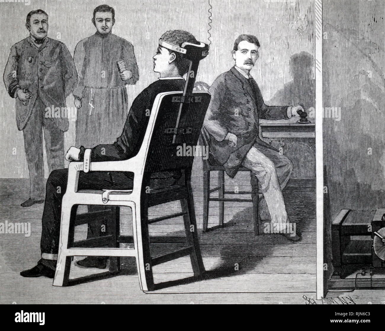 Illustrazione che mostra la rappresentazione artistica della prima esecuzione, da sedia elettrica, 6 agosto 1890, Auburn prigione, New York. esecuzione preparate dopo gli esperimenti sulla praticabilità di folgorazione come un metodo di esecuzione Foto Stock