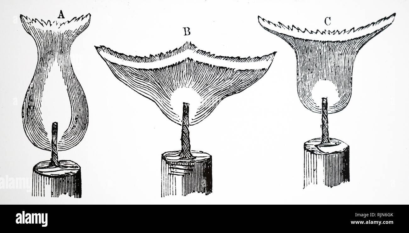 Illustrazione che mostra la gabbia di Faraday e Bancalari la dimostrazione dell'influenza del magnetismo sulla fiamma di una candela, urtando il risultato di collocare il magnete in diverse posizioni: A. candela tra asse magnetico; C. fiamma sollevata al di sopra dell'asse magnetico; B. fiamme sopra asse magnetico. Foto Stock