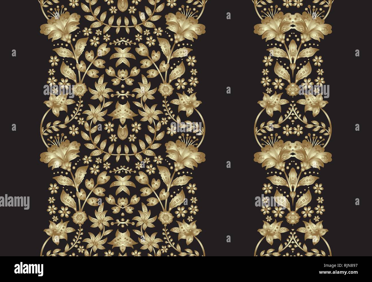 Set di golden lace pattern, elementi decorativi, confini per design. Seamless ornamento floreale. Decorazione di pagina. Illustrazione vettoriale EPS 10. Illustrazione Vettoriale