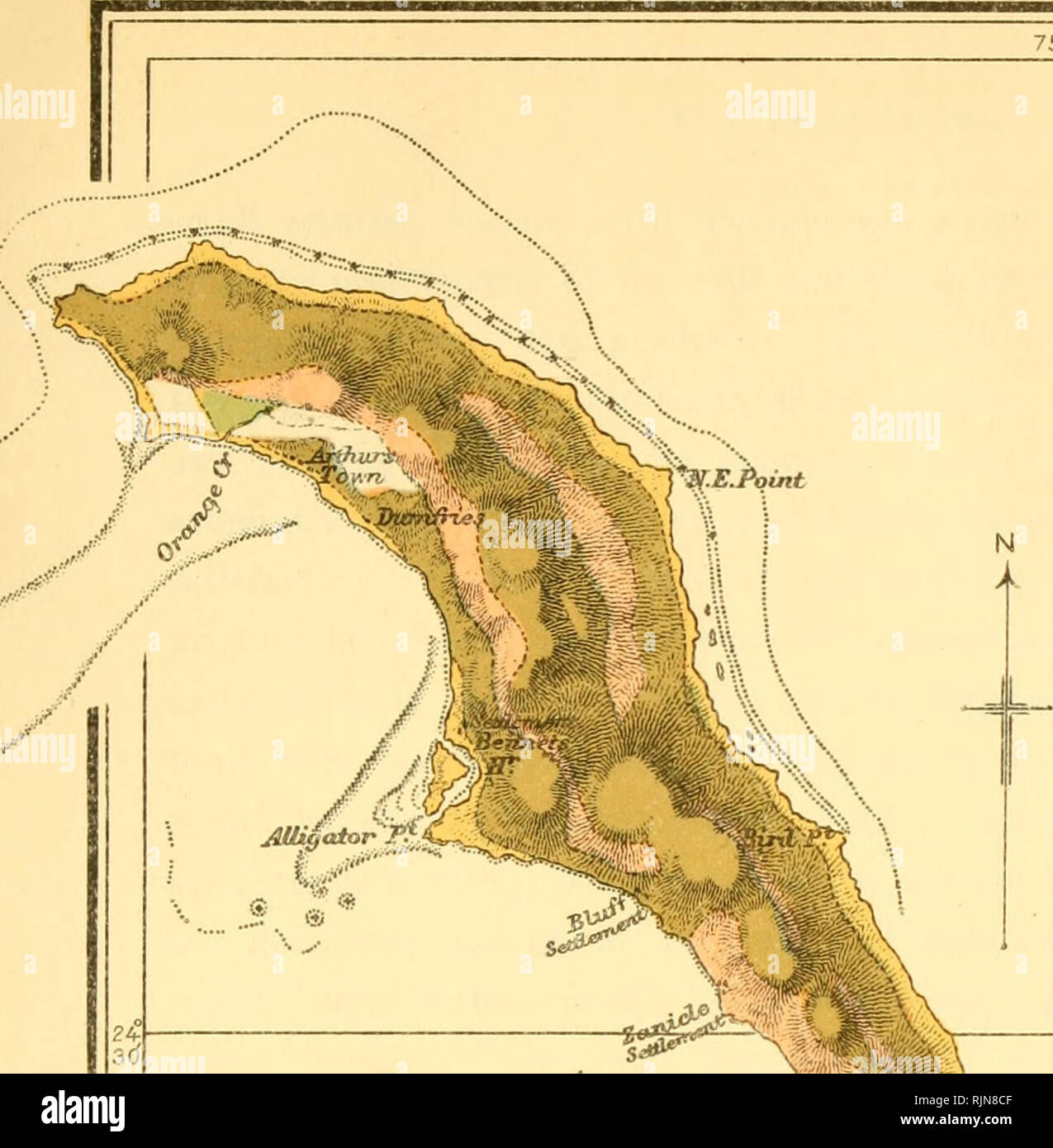 . Il Bahama Isole. Storia naturale; spedizioni scientifiche. La Società Geografica di Baltimora LE ISOLE BAHAMA, piastra XXXI. Mappa di ricognizione che mostra la distribuzione dei suoli -A- CAT ISLAND legenda sabbia corallina i | Bahama argilla nera Bahama Bed Loam Bahama Marl palude salmastra scala statuto miglia Società Geografica di Baltimora 1905 SStaUov-- sani3 spvt^'" BaifJcs ]Vcst. Si prega di notare che queste immagini vengono estratte dalla pagina sottoposta a scansione di immagini che possono essere state migliorate digitalmente per la leggibilità - Colorazione e aspetto di queste illustrazioni potrebbero non perfettamente assomigliano al lavoro originale Foto Stock