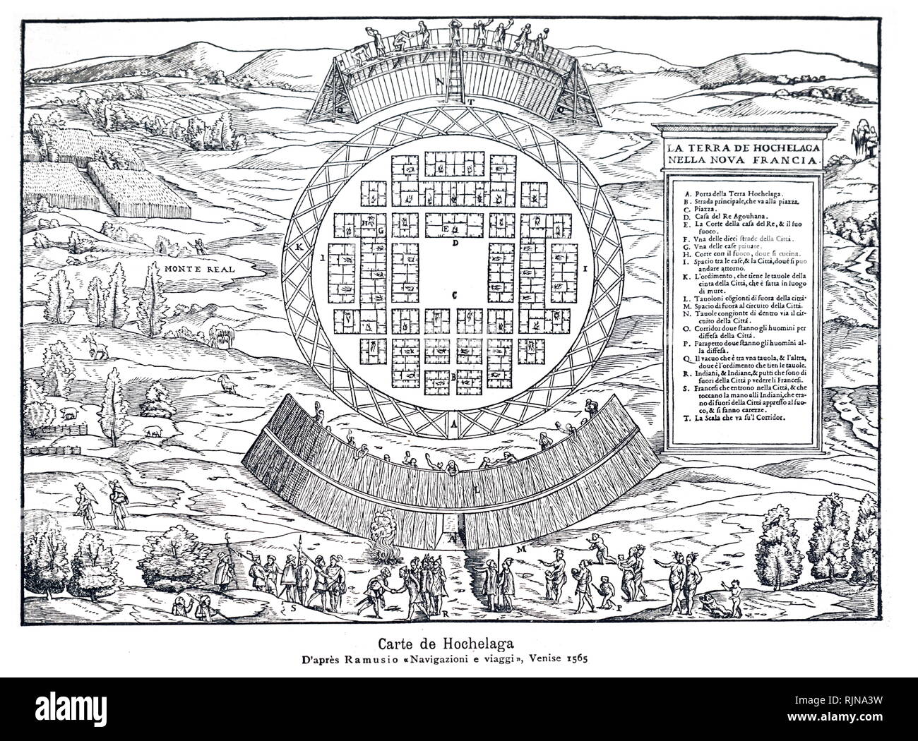 Una xilografia incisione raffigurante la Hochelaga Mappa della Nuova Francia (Canada). Datata xvi secolo Foto Stock