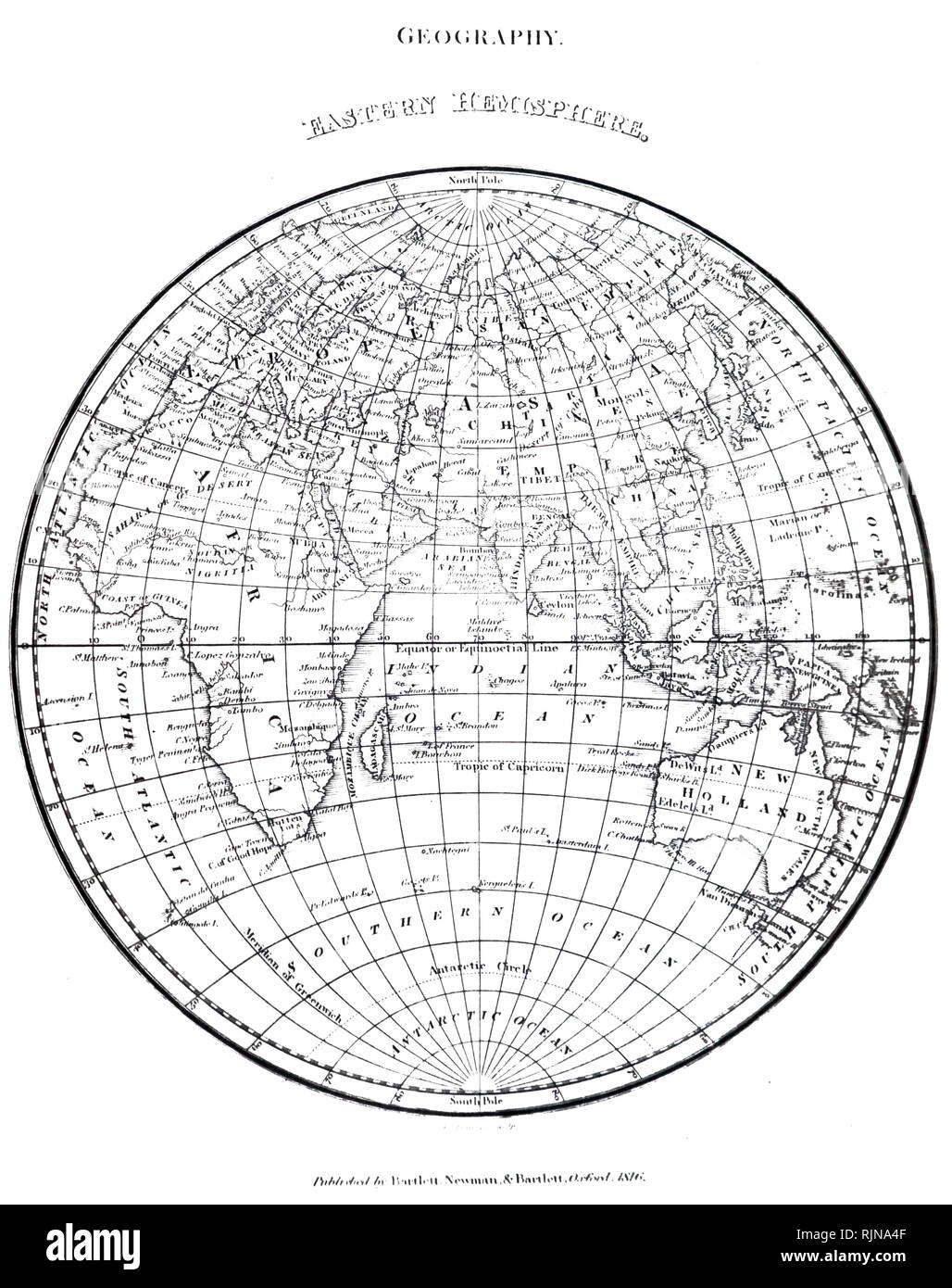 Una mappa dell'Emisfero Orientale come di 1816. Datata del XIX secolo Foto Stock