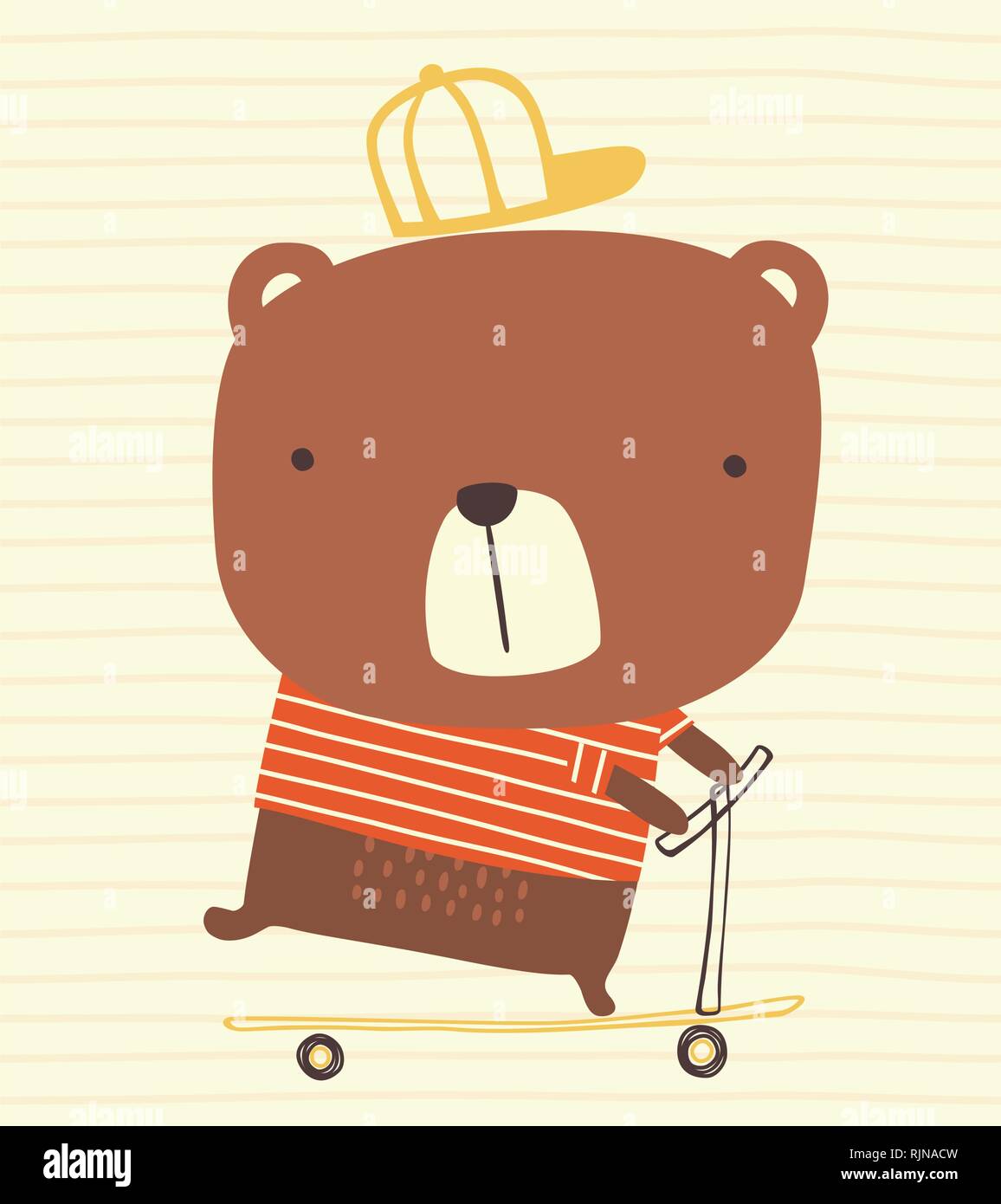 Simpatico orso con cappuccio a cavallo di un kick scooter su sfondo striato. disegnati a mano illustrazione di stile possono essere utilizzati per la decorazione di vivaio, biglietti di auguri, fash Illustrazione Vettoriale