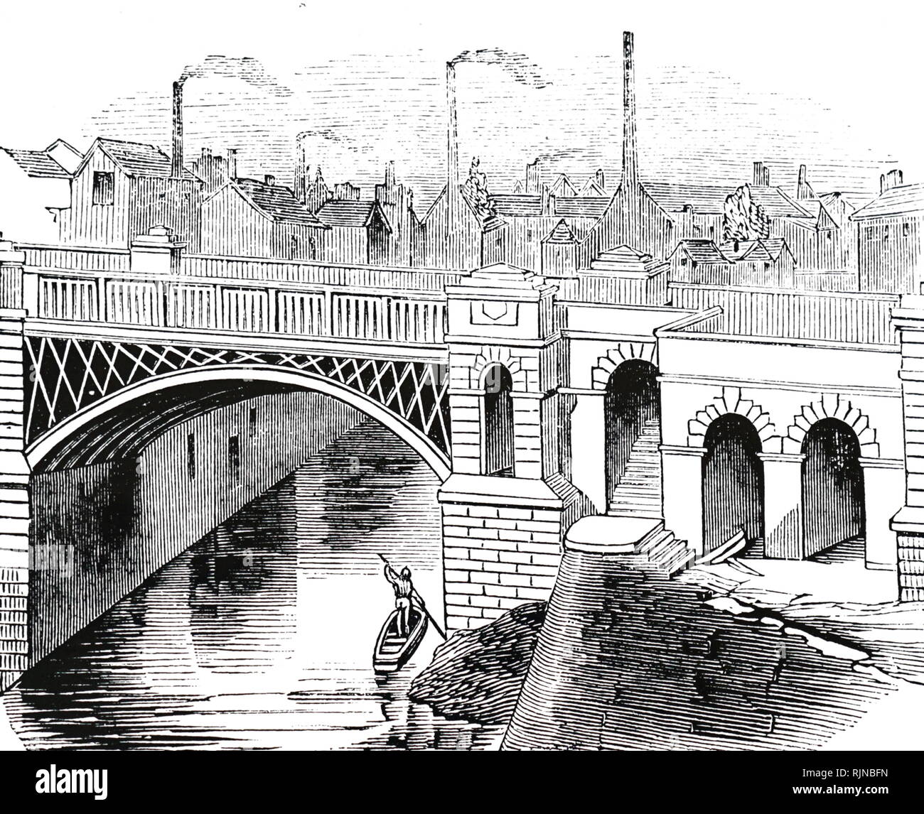 Una incisione raffigurante il ponte di ferro sul il Irwell sul Manchester e Leeds Railway. Datata del XIX secolo Foto Stock