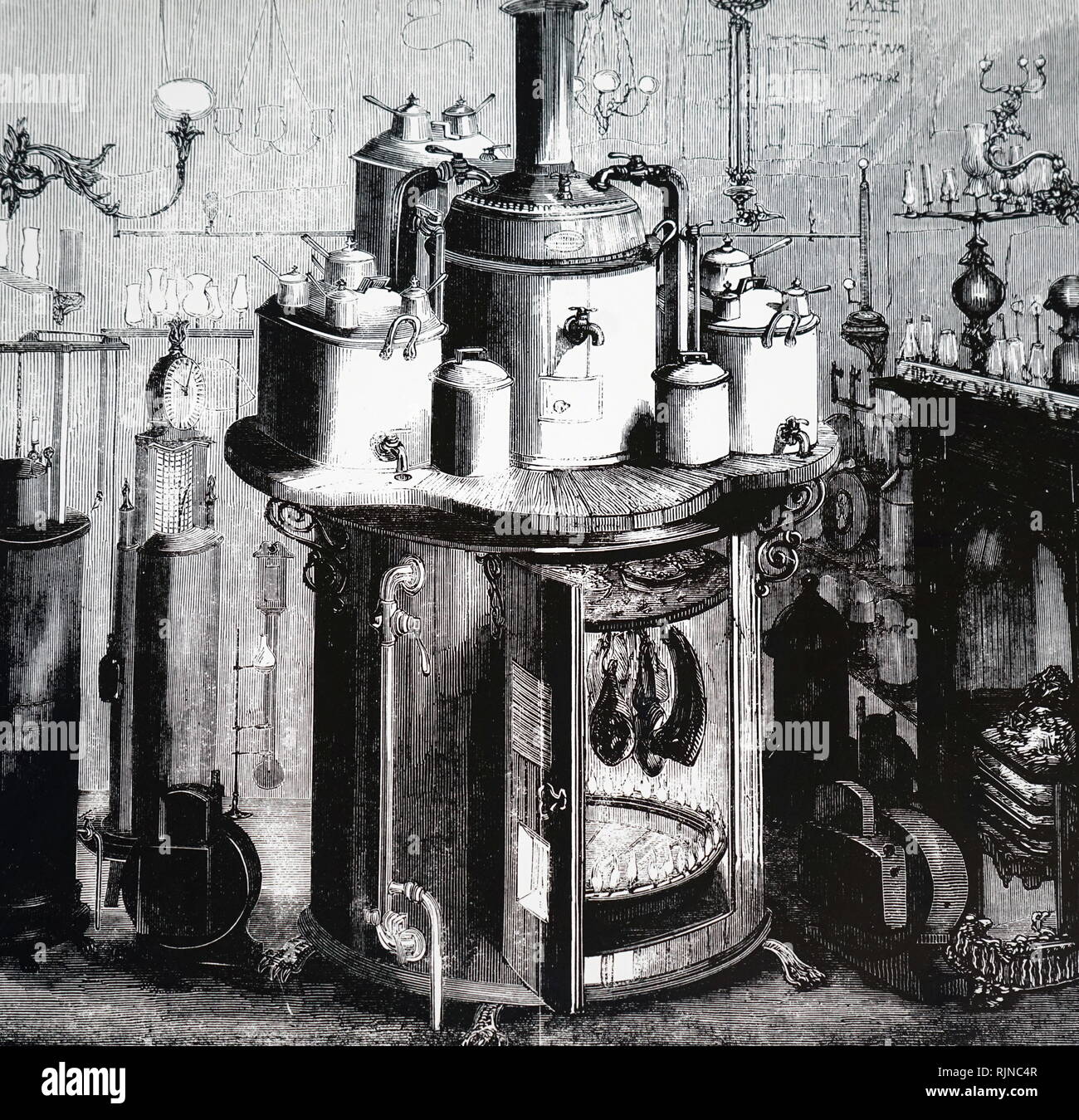 Una incisione raffigurante una stufa a gas da James Sharp. Questo potrebbe cucinare un pasto per 100 persone. Datata del XIX secolo Foto Stock