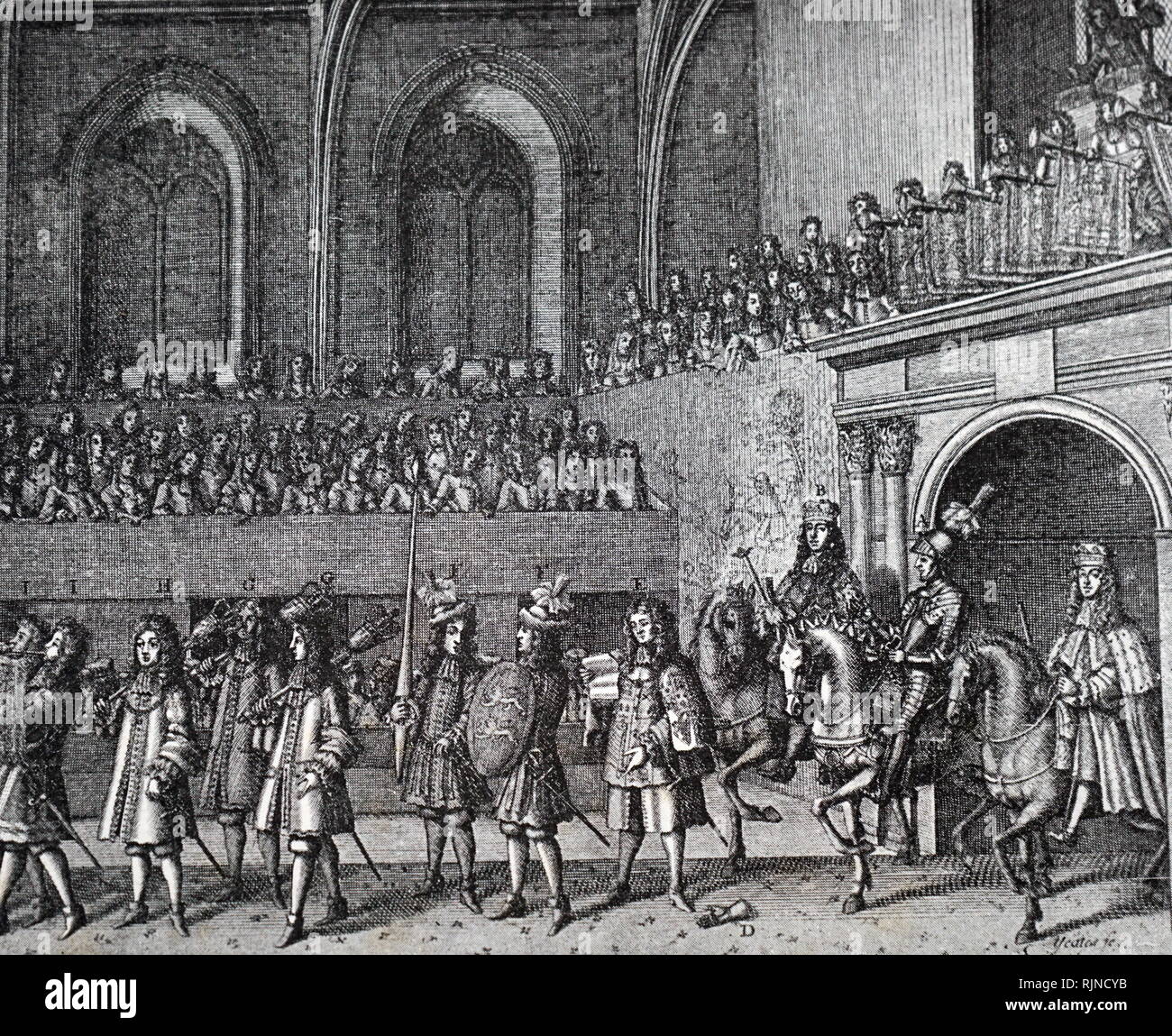 Una incisione raffigurante la sfida all'incoronazione del re James II. Datata del XIX secolo Foto Stock