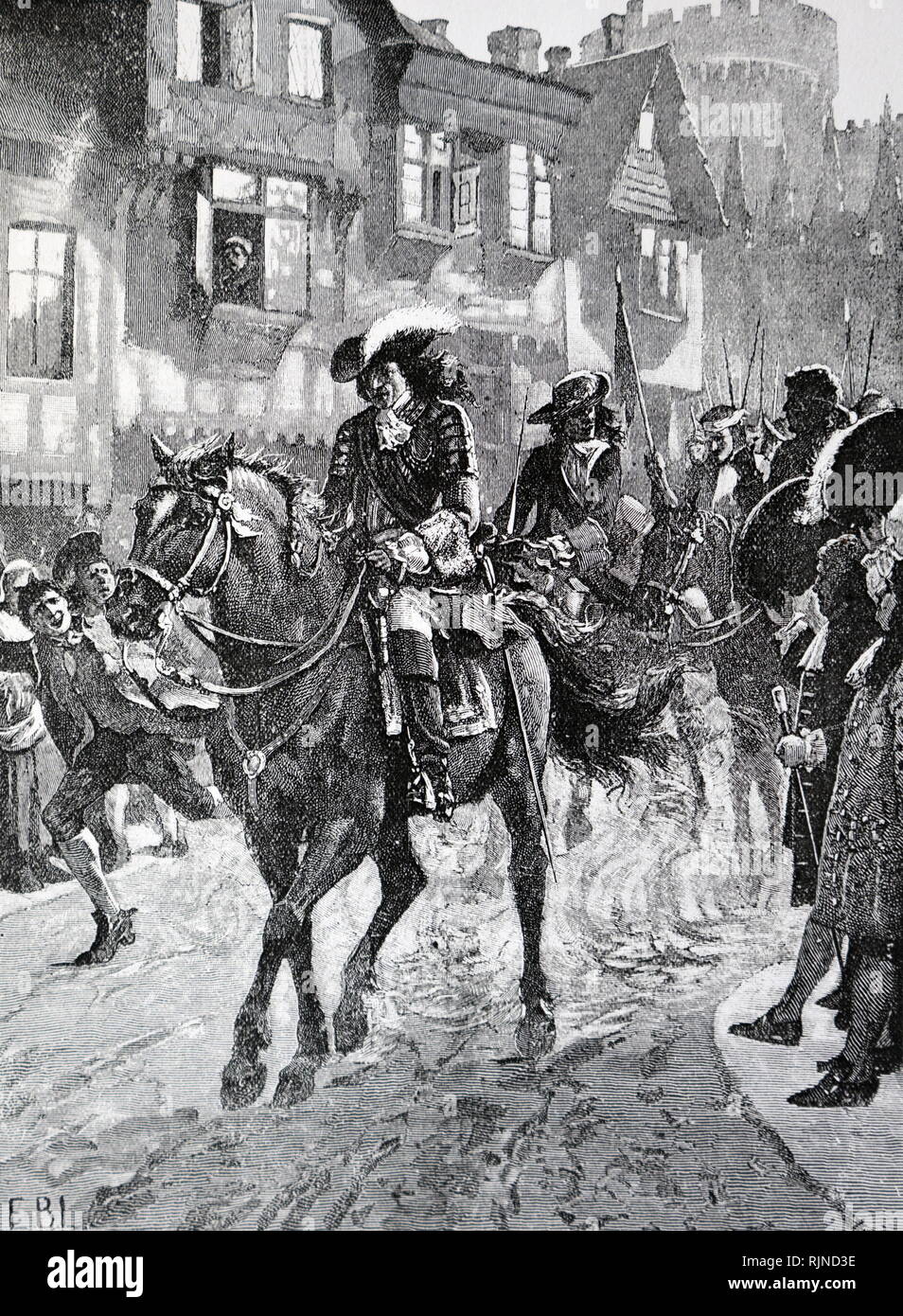Una incisione raffigurante il re Giacomo II d'Inghilterra in arrivo a Dublino dopo la sconfitta delle sue truppe nella battaglia del Boyne dalle forze del Re Guglielmo III. Datata del XIX secolo Foto Stock
