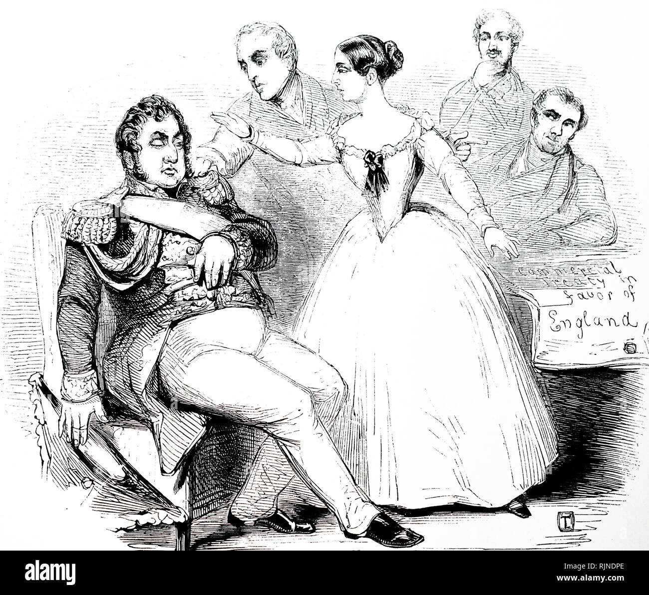 Un cartoon commentando la regina Victoria la visita Louis-Philippe e il francese della famiglia reale a Chateau d'Ue. Foto Stock