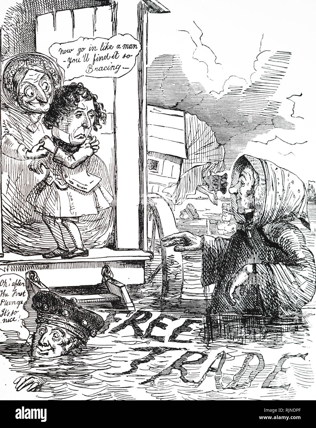 Un cartoon raffiguranti Richard Cobden in attesa di un timido Benjamin Disraeli a prendere il tuffo in favore del libero commercio. Robert Peel (in basso a sinistra) ha già compiuto il salto e ha ritenuto che esso non è così male come aveva previsto. Illustrato da John Leech. Foto Stock