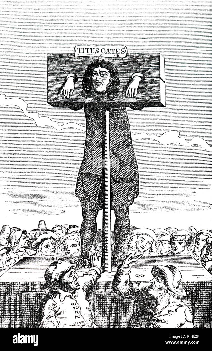 Una xilografia incisione raffigurante Tito Oates (1650-1705) in gogna come punizione per spergiuro (1685). Inventore del Popish Plot: la sua falsa testimonianza aiutare condannare fino a trentacinque persone che sono state eseguite. Datata del XIX secolo Foto Stock