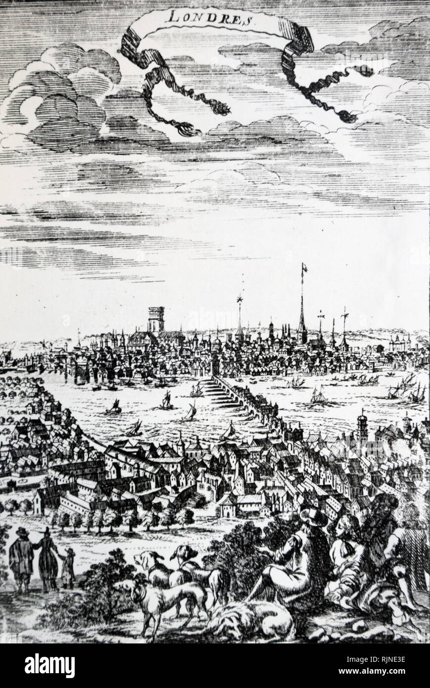 Una xilografia incisione raffigurante Londra visto dalla riva sud del Tamigi, guardando attraverso il vecchio ponte di Londra. Risalenti al XVII secolo Foto Stock