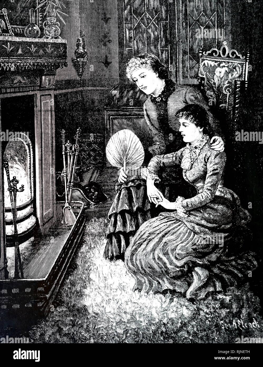 Una incisione raffigurante le ragazze seduto davanti a un incendio. Una griglia di carbone si erge dal parafango. Datata del XIX secolo Foto Stock