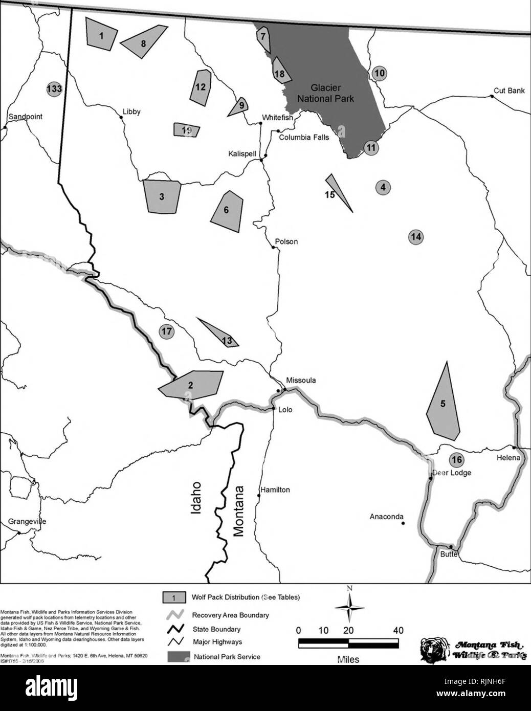 . Montana lupo grigio conservazione e il piano di gestione : Relazione annuale 2005 . Lupi; lupi; lupi; di recupero della fauna selvatica; gestione della fauna selvatica. La figura 2. Nord-ovest Montana Wolf Area di recupero. 9Hwrd*il pKK vriff iMfltpvit tern tAtAnHbr lomicna ind e4hw dati |H"vl(lftd da noi acq d VWdiA StfMn, NsfioMi PdiK Swiin, ho layoi^xHTi Moftau NMLird RosajrcB tvhrm; ' ^rdffn, Ulhv e WpUTiIng dJta daann^KU^K OlhiffOA dgtuwlri ViOO.OcO. 91. Si prega di notare che queste immagini vengono estratte dalla pagina sottoposta a scansione di immagini che possono essere state migliorate digitalmente per la leggibilità - Colorazione e aspetto di questi illustratio Foto Stock