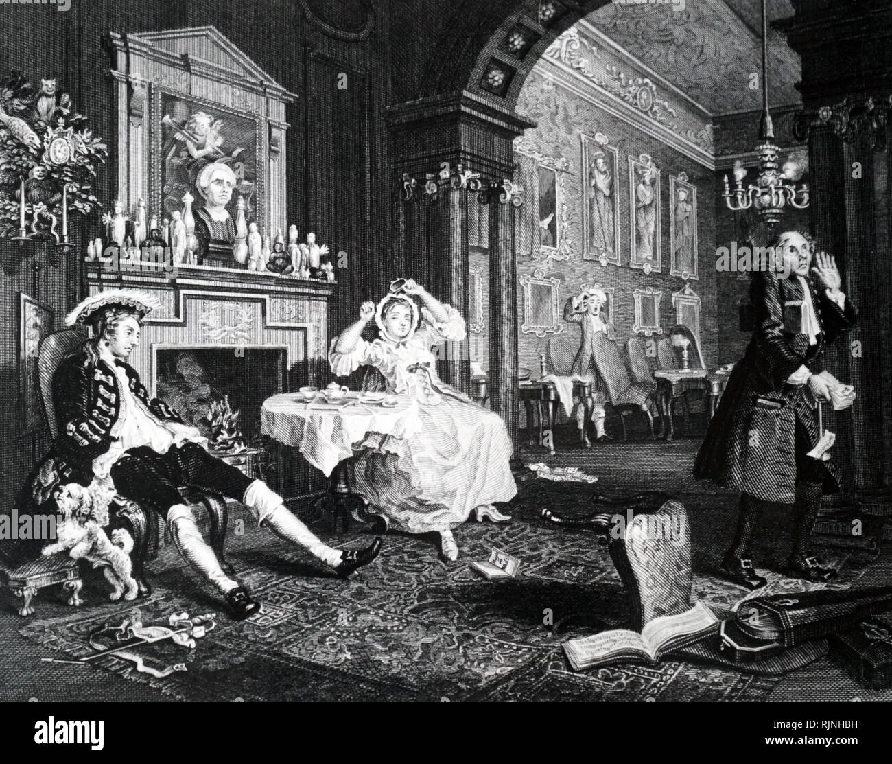 Una incisione intitolata 'Matrimonio a-la-mode" raffigurante una scena di prima colazione. Datata xviii secolo Foto Stock