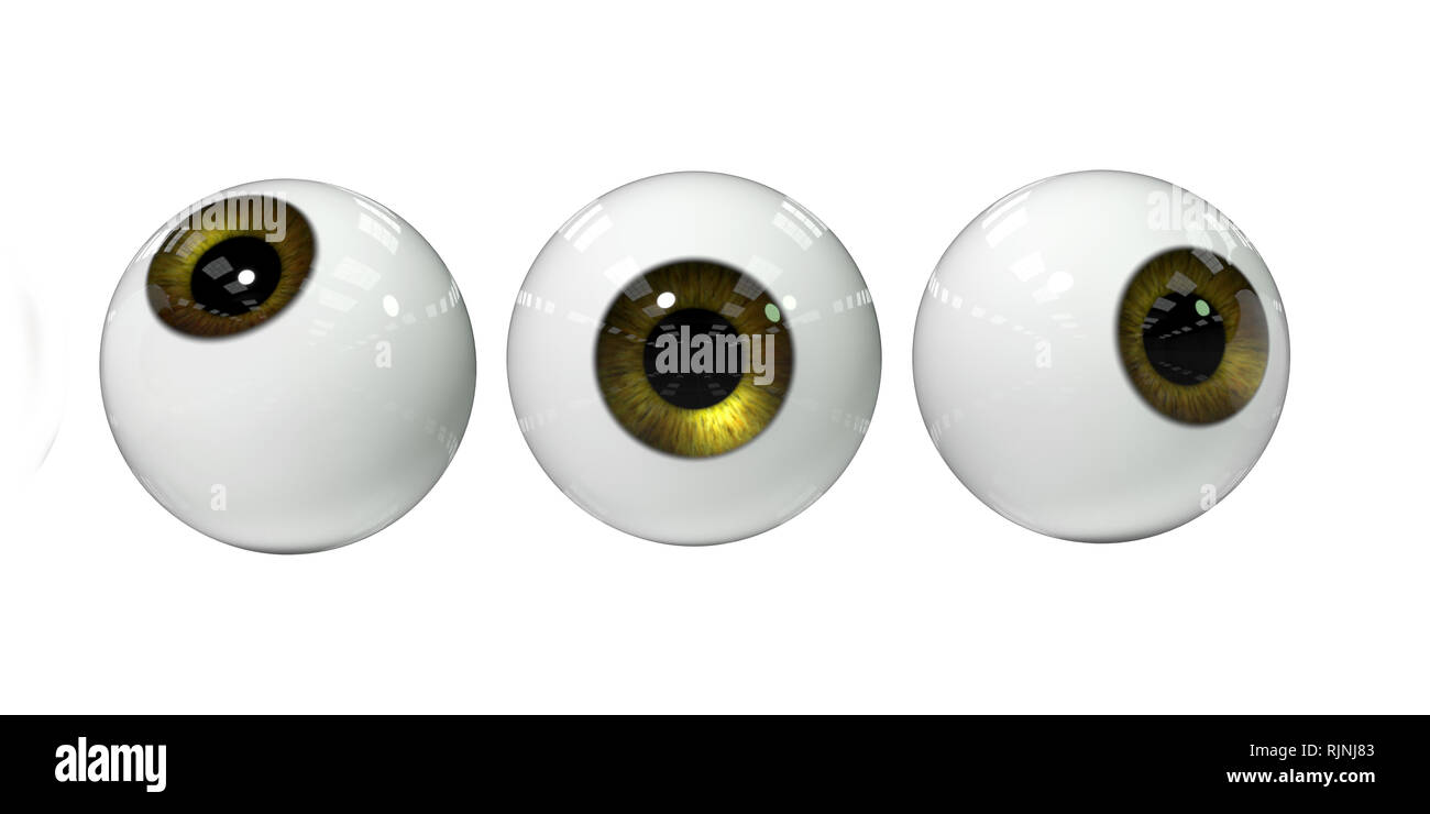 Tre gli occhi umani con golden iris, isolati su sfondo bianco (3d'illustrazione) Foto Stock