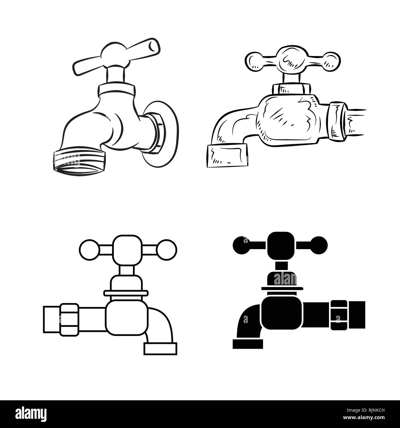 Set di rubinetto di acqua, gocciolamento tocca con la linea icona e disegnati a mano per il web, mobile e infographics. Isolato su sfondo bianco. Illustrazione Vettoriale Illustrazione Vettoriale