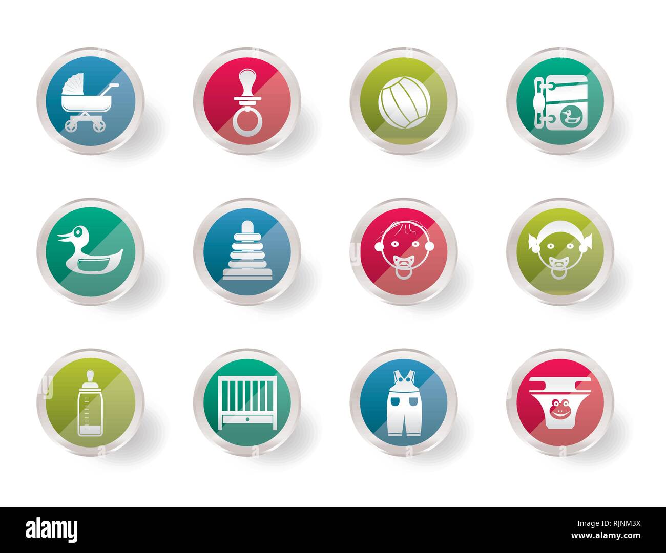 Bambino, Baby e Baby Online Shop icone su sfondo colorato - Vettore icona impostare Illustrazione Vettoriale