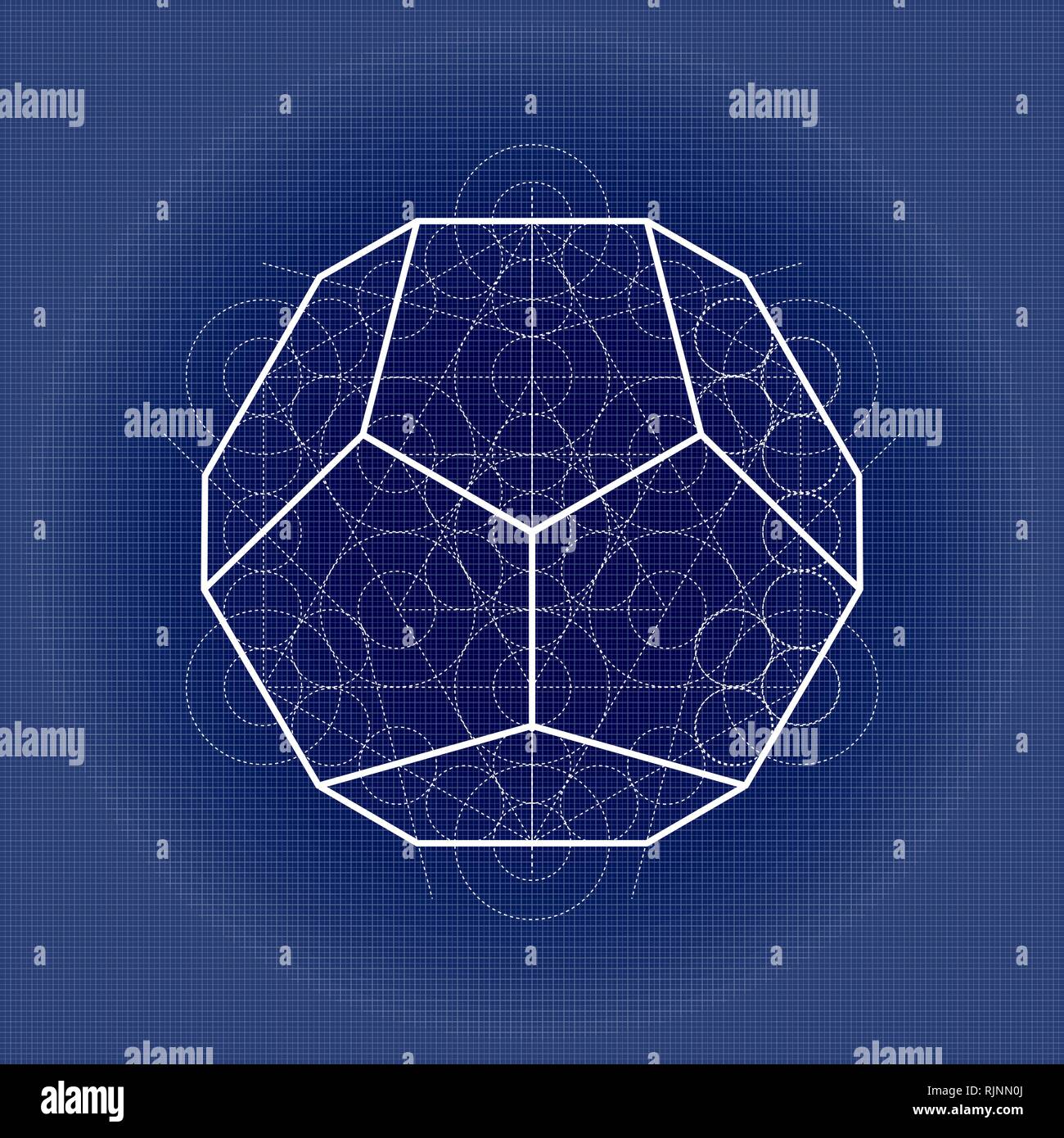 Dodecaedro dal cubo Metatrons geometria sacra immagine sulla carta tecnica Illustrazione Vettoriale
