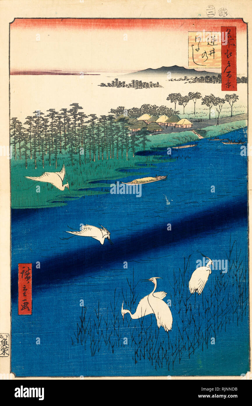 Arte giapponese, Hiroshige Ando, 1857, Sakasai traghetto, xilografia stampare Foto Stock