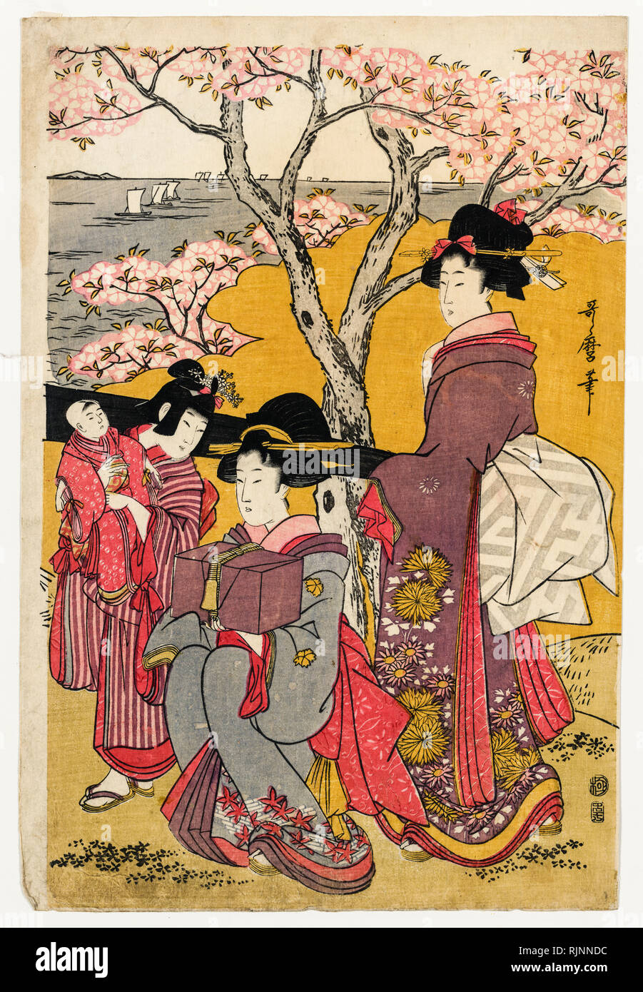 Arte giapponese, Utamaro Kitagawa, 1805, ciliegia la visualizzazione a Gotenyama, xilografia stampare Foto Stock