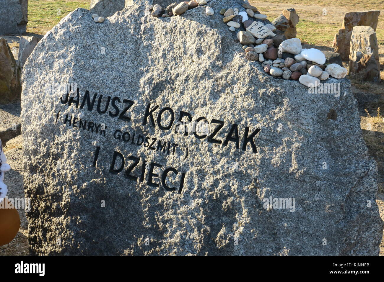 Questa immagine mostra il monumento di pietra per Janusz Korczak che è stato messo in Treblinka per onorare il suo nome. Foto Stock