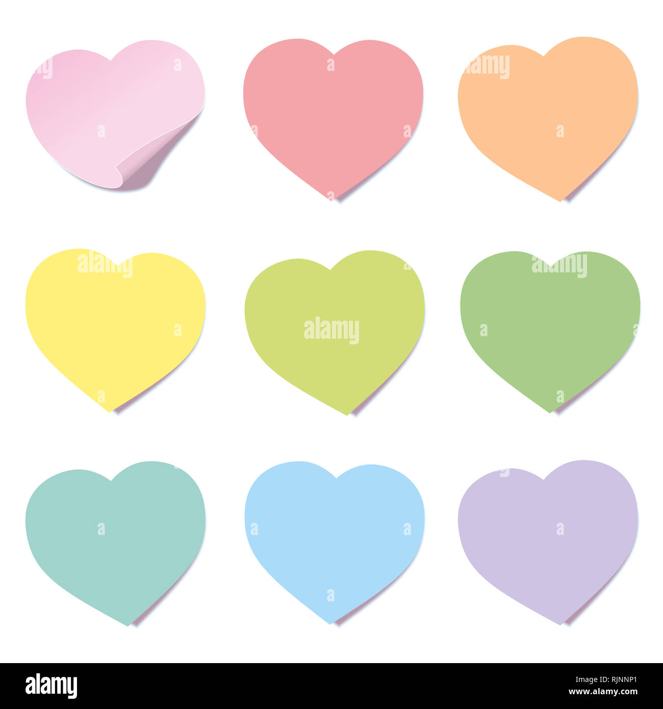 Cuore post-raccolta. Sticky Notes, a forma di cuore, diversi colori - illustrazione su sfondo bianco. Foto Stock