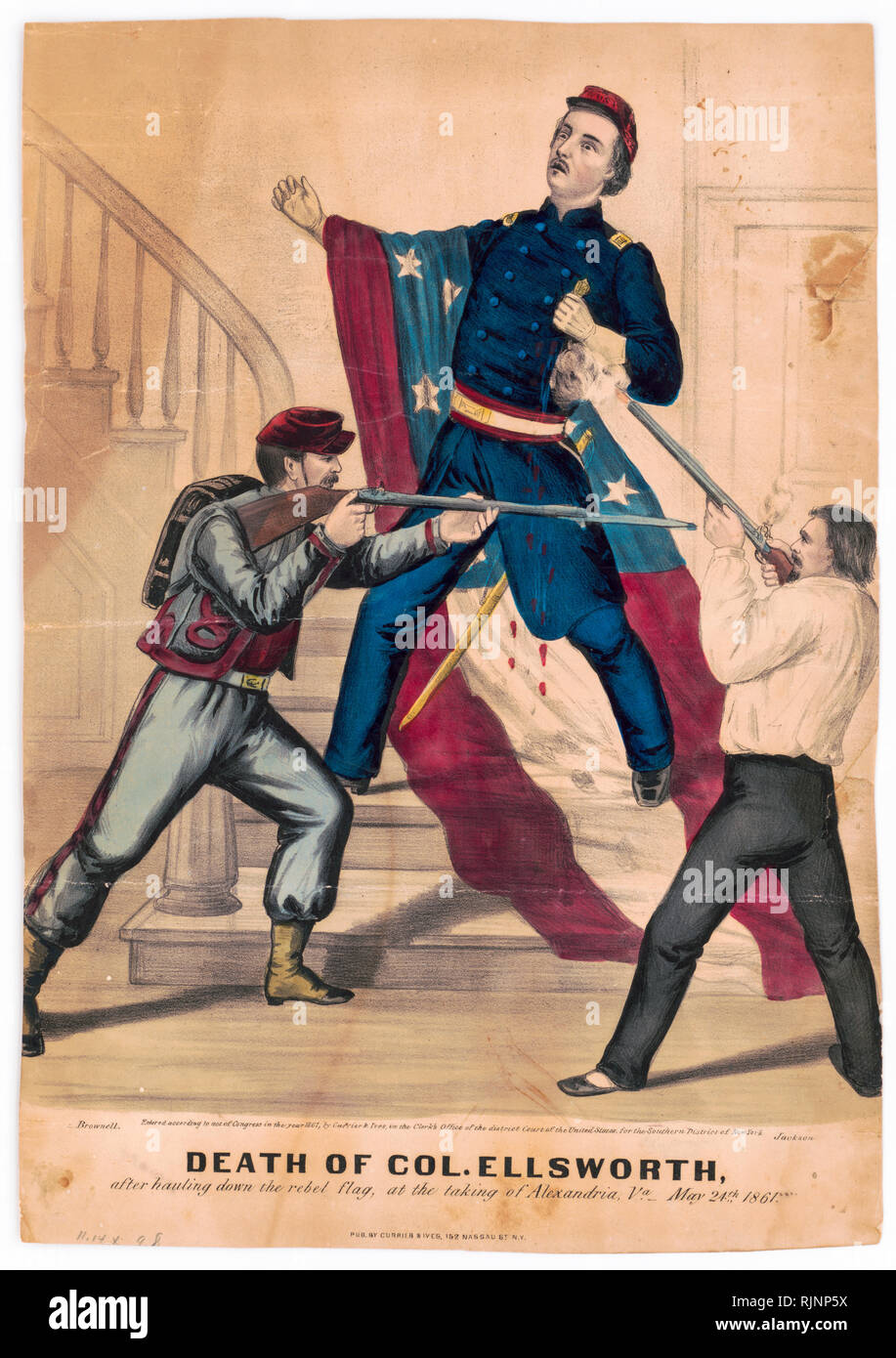 La guerra civile americana arte, la morte del colonnello Ellsworth, 24 maggio 1861, Currier e Ives, mano stampa colorata Foto Stock