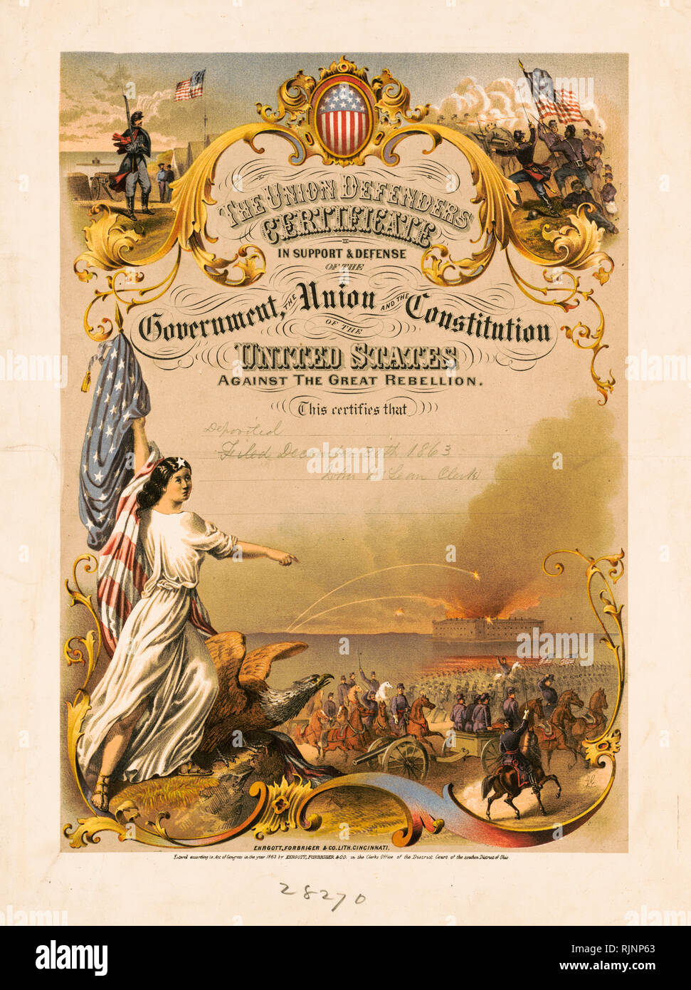 La guerra civile americana arte, certificato di servizio, l'Unione difensori certificato, Max Rosenthal 1865, stampa Foto Stock