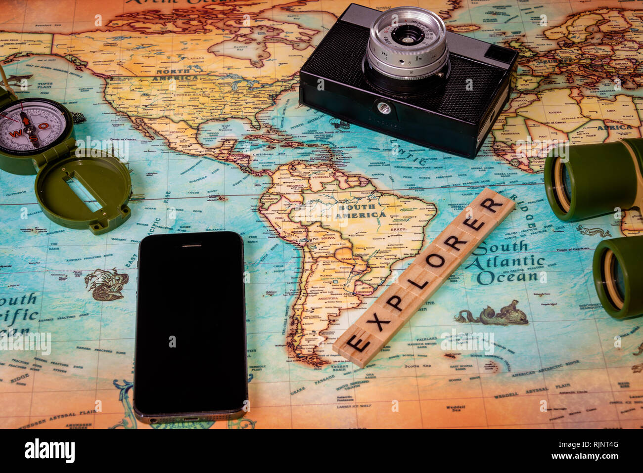 Mappa di America e accessori da viaggio Foto Stock